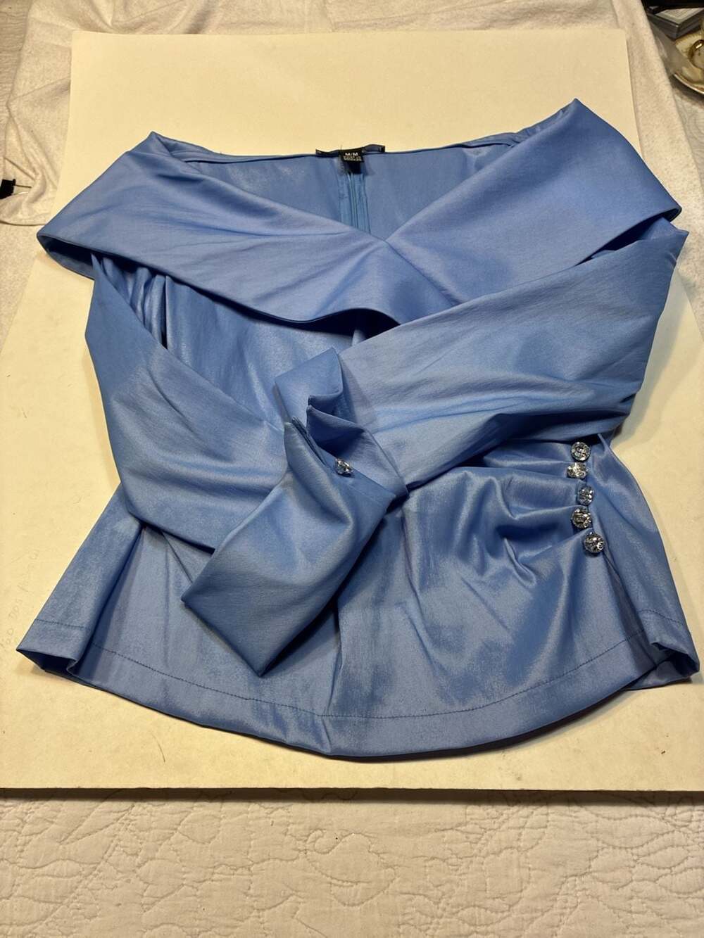 JS Boutique Women's Light Blue Satin Off-Shoulder Long Sleeve Blouse with Rhines